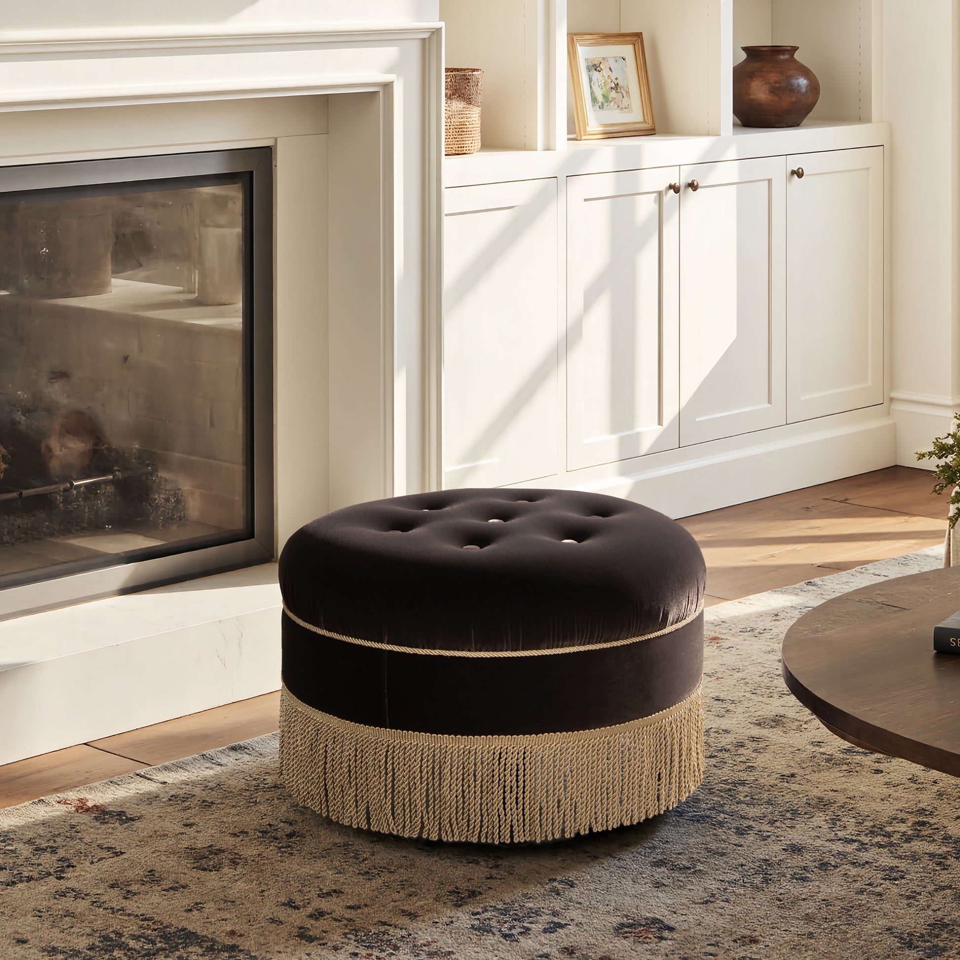 Yolanda 24in round upholstered ottoman in deep brown velvet with tufted top and woven base on Tampa Home & Garden Store