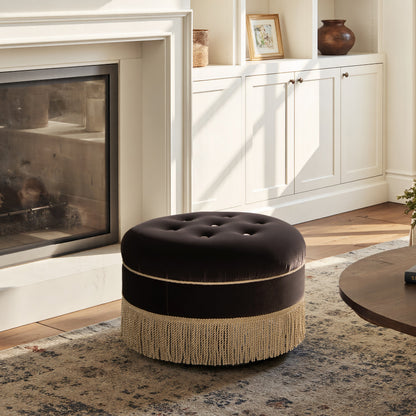 Yolanda 24in round upholstered ottoman in deep brown velvet with tufted top and woven base on Tampa Home & Garden Store