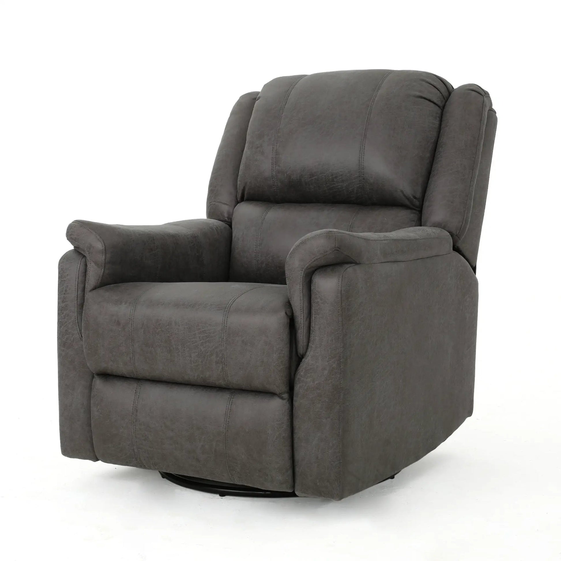 Swivel glider recliner in gray upholstery with plush back and arms on Tampa Home & Garden Store