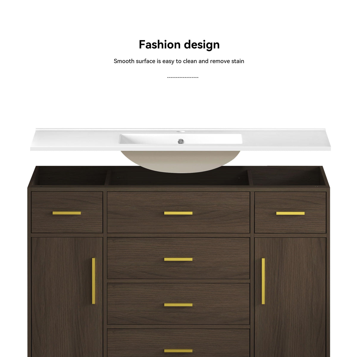 Bathroom vanity with soft close drawers dark wood countertop with gold handles HouseOfZazla on Tampa Home & Garden Store