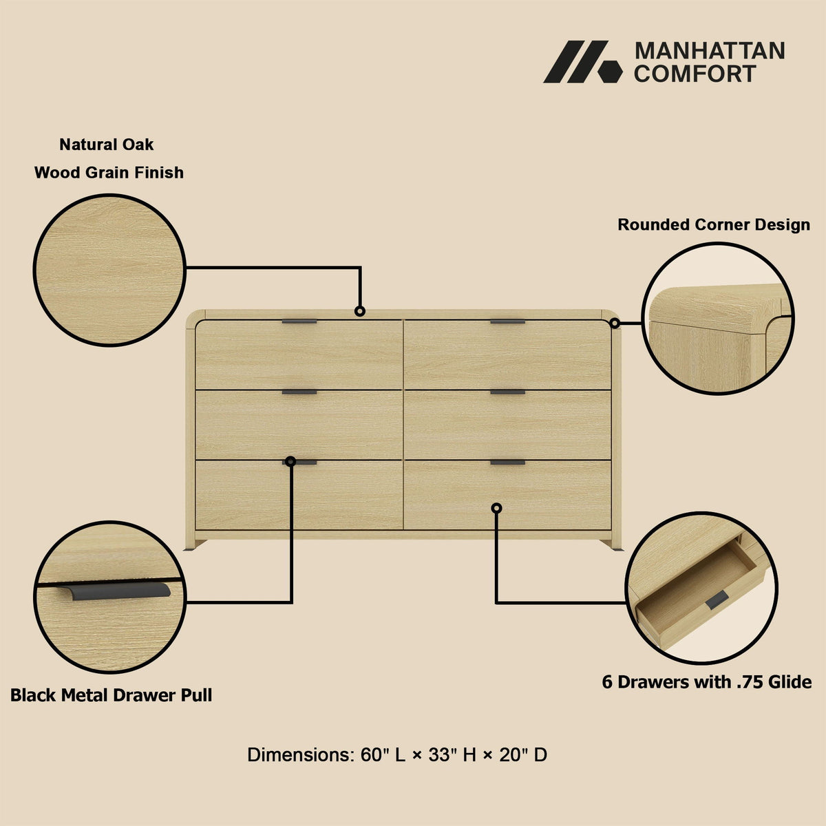 Oak Dresser with 6 Drawers natural oak wood grain finish, rounded corners HouseOfZazla on Tampa Home & Garden Store