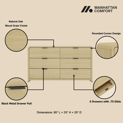 Oak Dresser with 6 Drawers natural oak wood grain finish, rounded corners HouseOfZazla on Tampa Home & Garden Store