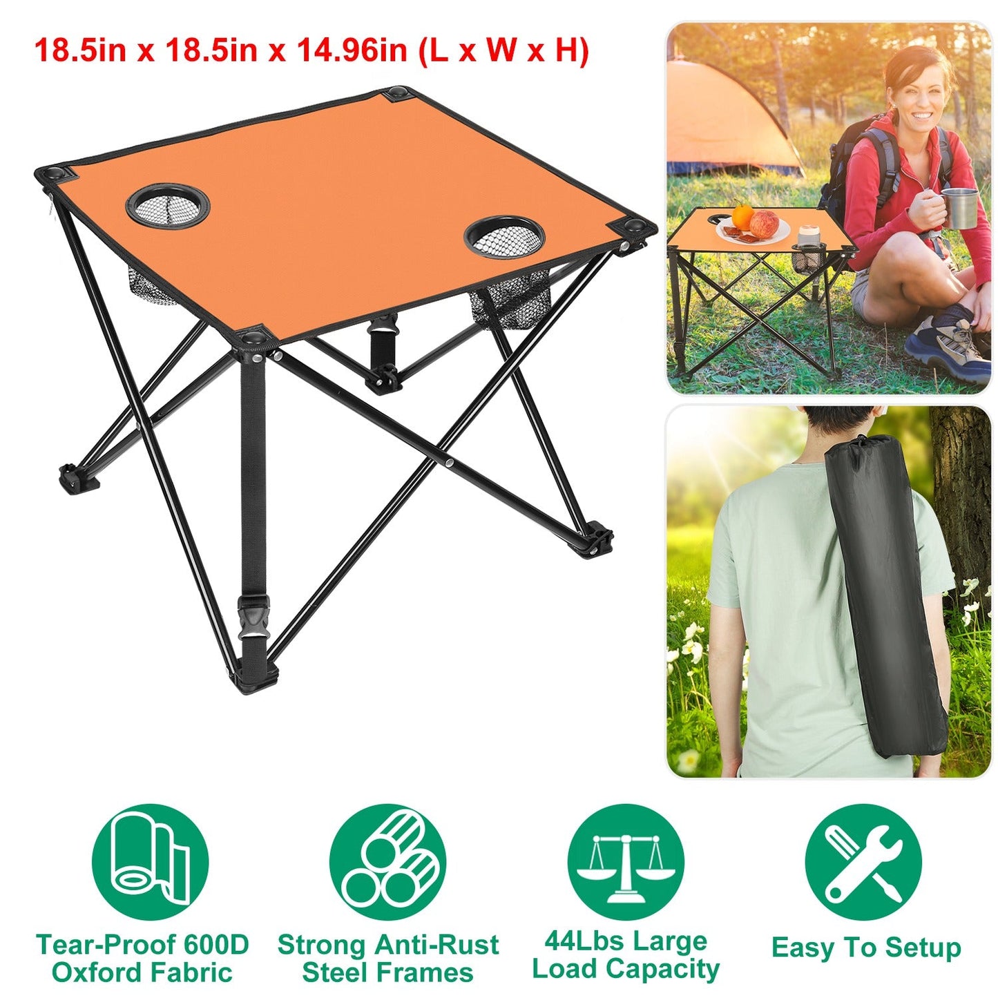 GemGear 2-Piece Foldable Camping Table with orange top, two cup holders, carrying bag on Tampa Home & Garden Store