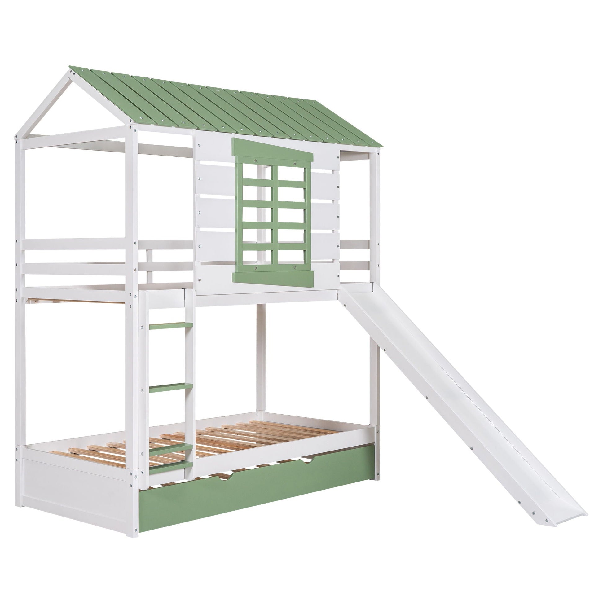 Twin Over Twin House Bunk Bed white frame with green accents featuring convertible slide and trundle on Tampa Home & Garden Store