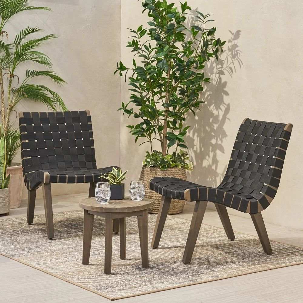 Outdoor 3 Piece Rope Weave Patio Seating Set with two black chairs and a round table on rug on Tampa Home & Garden Store