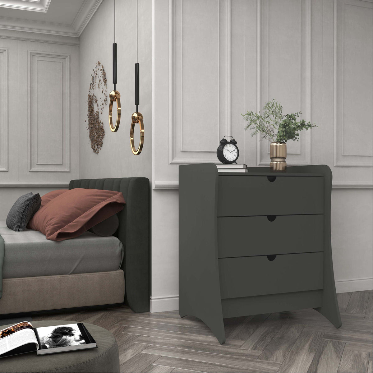 Nightstand with 3 drawers in dark gray finish, HouseOfZazla accent piece with quiet glide on Tampa Home & Garden Store