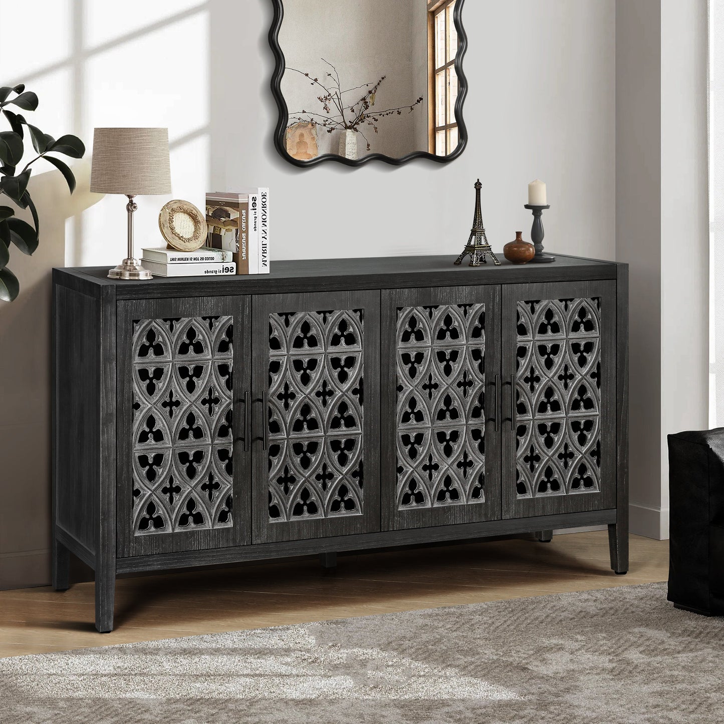 Hollow Four-Door Antique Cabinet by HouseOfZazla in black with lattice panels, American Country on Tampa Home & Garden Store