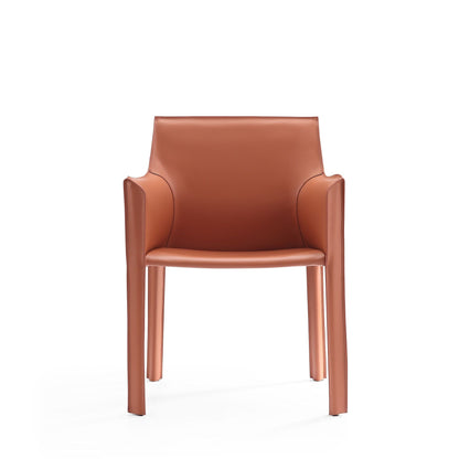 Vogue dining chair with metal frame, light brown leather, curved armrests on Tampa Home & Garden Store