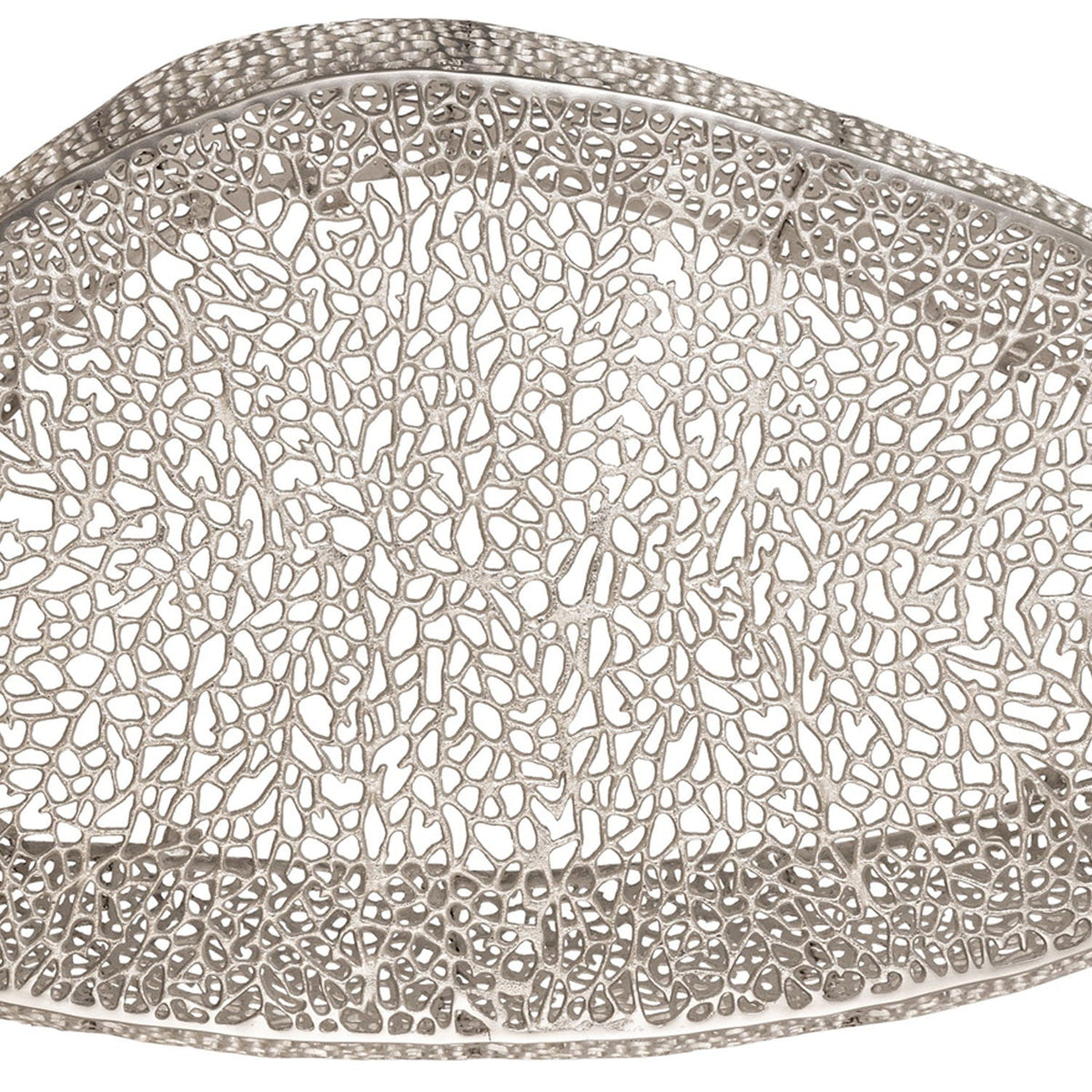 Oval coffee table top in pearl silver with a detailed metallic lattice pattern on Tampa Home & Garden Store