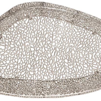 Oval coffee table top in pearl silver with a detailed metallic lattice pattern on Tampa Home & Garden Store