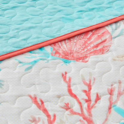 Cotton sateen quilt set in coral with teal top and reef print, HouseOfZazla Full/Queen size on Tampa Home & Garden Store