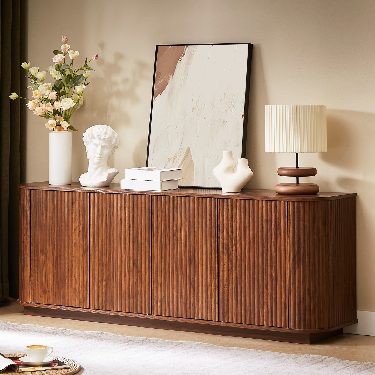 Sideboard TV Stand with Wave Pattern, walnut ribbed wood exterior; vase, bust, lamp decor on Tampa Home & Garden Store