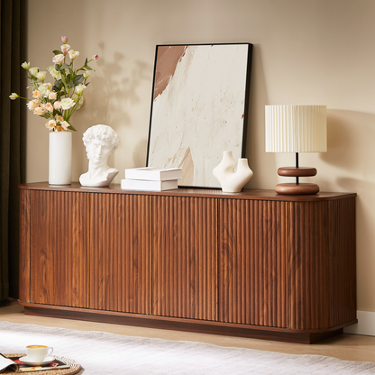 Sideboard TV Stand with Wave Pattern, walnut ribbed wood exterior; vase, bust, lamp decor on Tampa Home & Garden Store