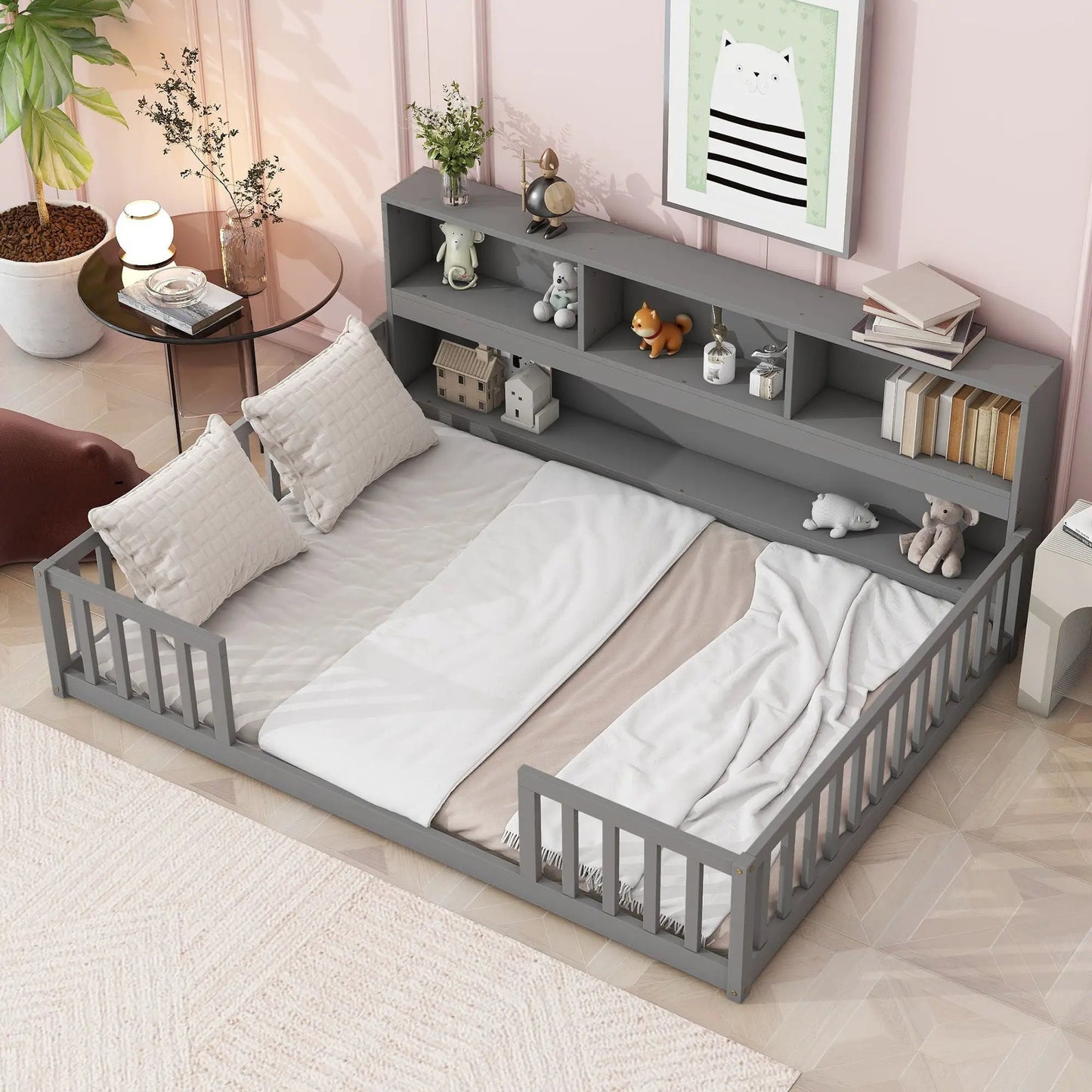 Floor Bed With Side Bookcase and Guard Rails