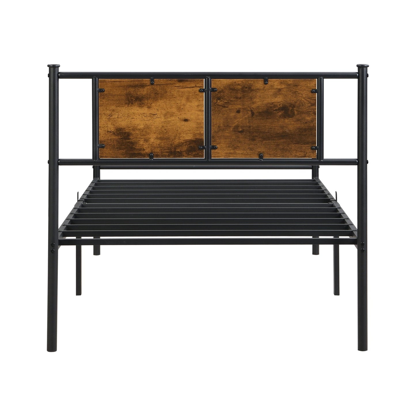 Platform metal bedframe with black steel frame and wood-panel headboard, slat base on Tampa Home & Garden Store