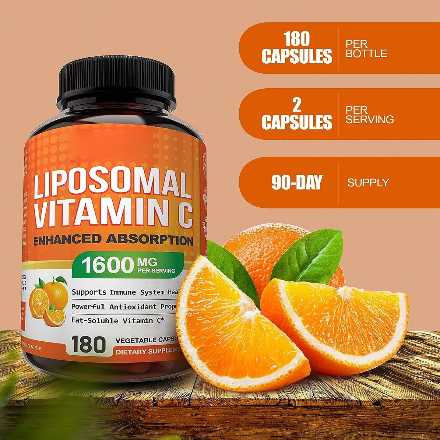 Perfecsy Liposomal Vitamin C capsules orange label, 180 capsules, 1600 mg per serving on Tampa Home & Garden Store