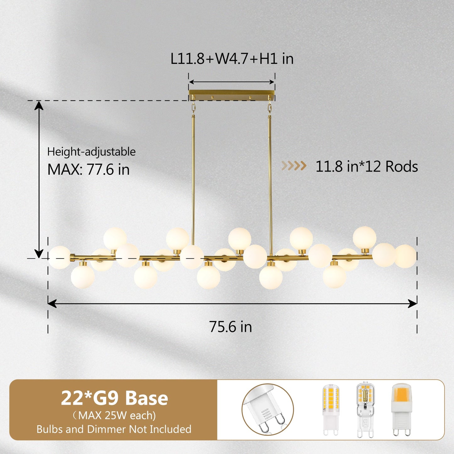 75.6in Large Pendant Lamp Opal Shade in gold finish bar chandelier with globe bulbs HouseOfZazla on Tampa Home & Garden Store