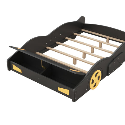 Race car shaped platform bed with wheels, black finish, yellow hub accents and storage on Tampa Home & Garden Store