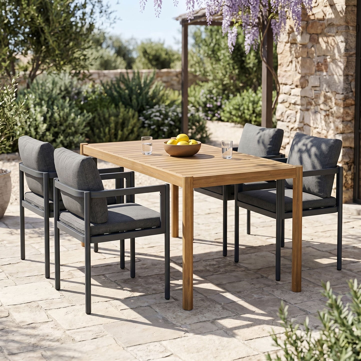 5 Piece Acacia Wood Patio Dining Set and Chairs