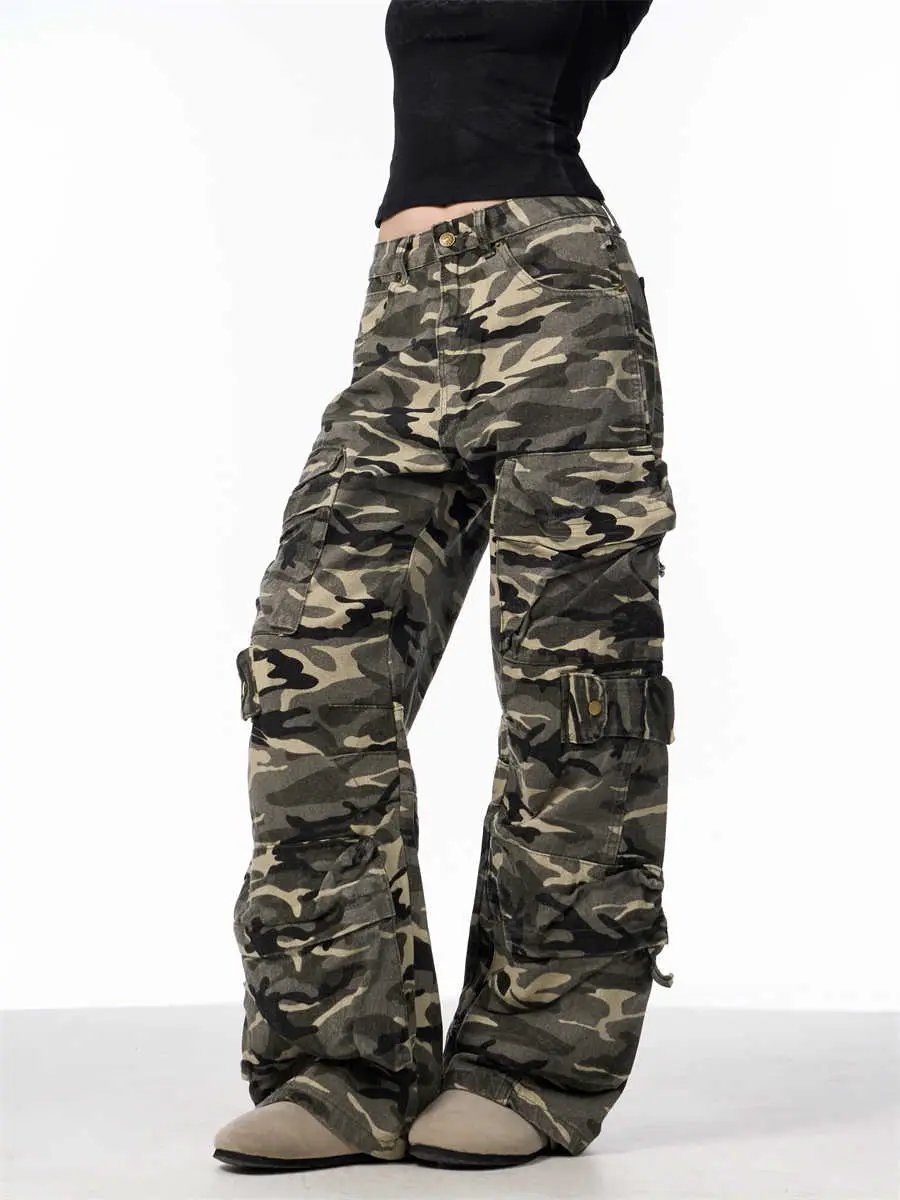 Camouflage cargo pants, women's loose wide-leg fit with cargo pockets in olive camo on Tampa Home & Garden Store