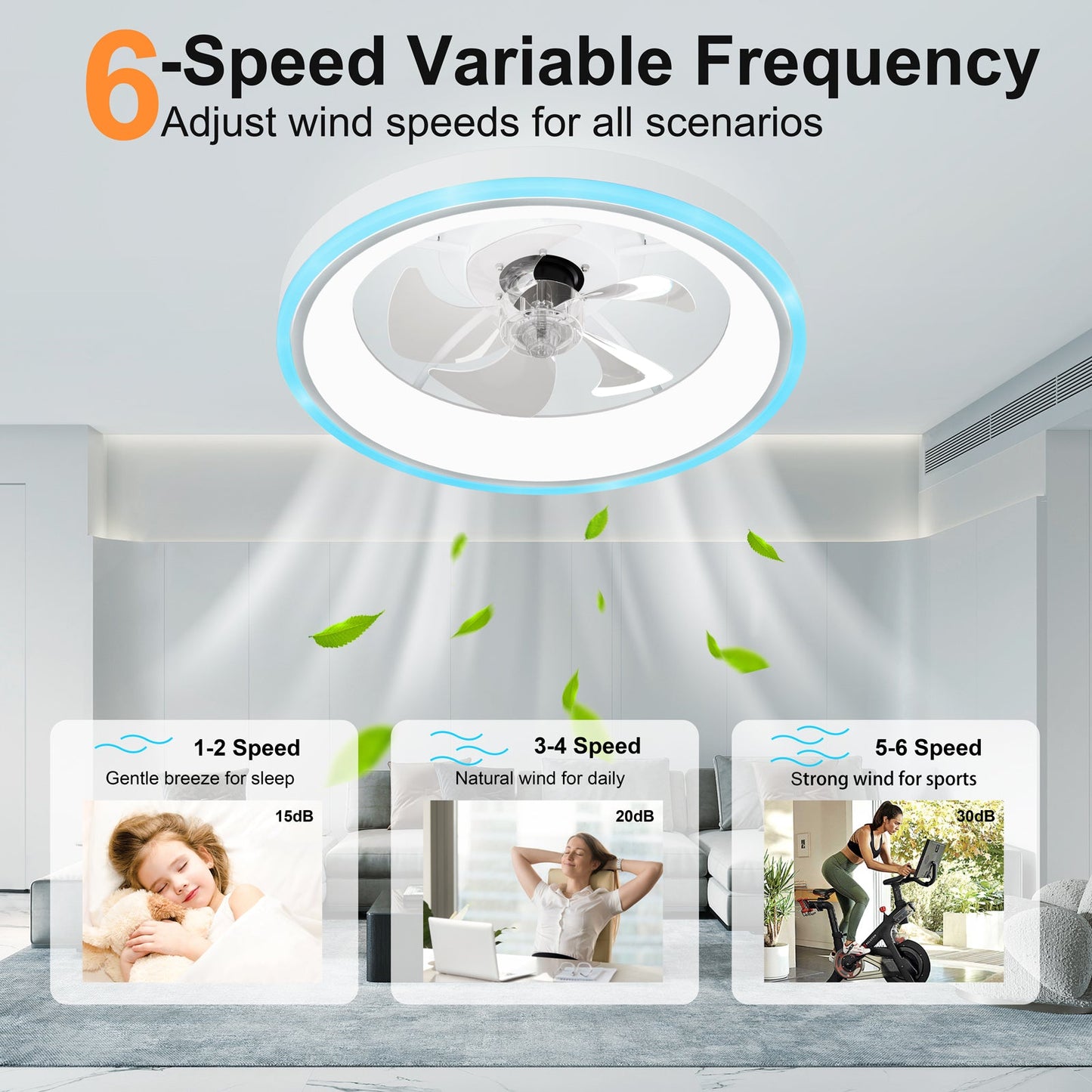 19.7in Modern RGB Ceiling Fan with Lights by HouseOfZazla, white blades and blue LED ring on Tampa Home & Garden Store