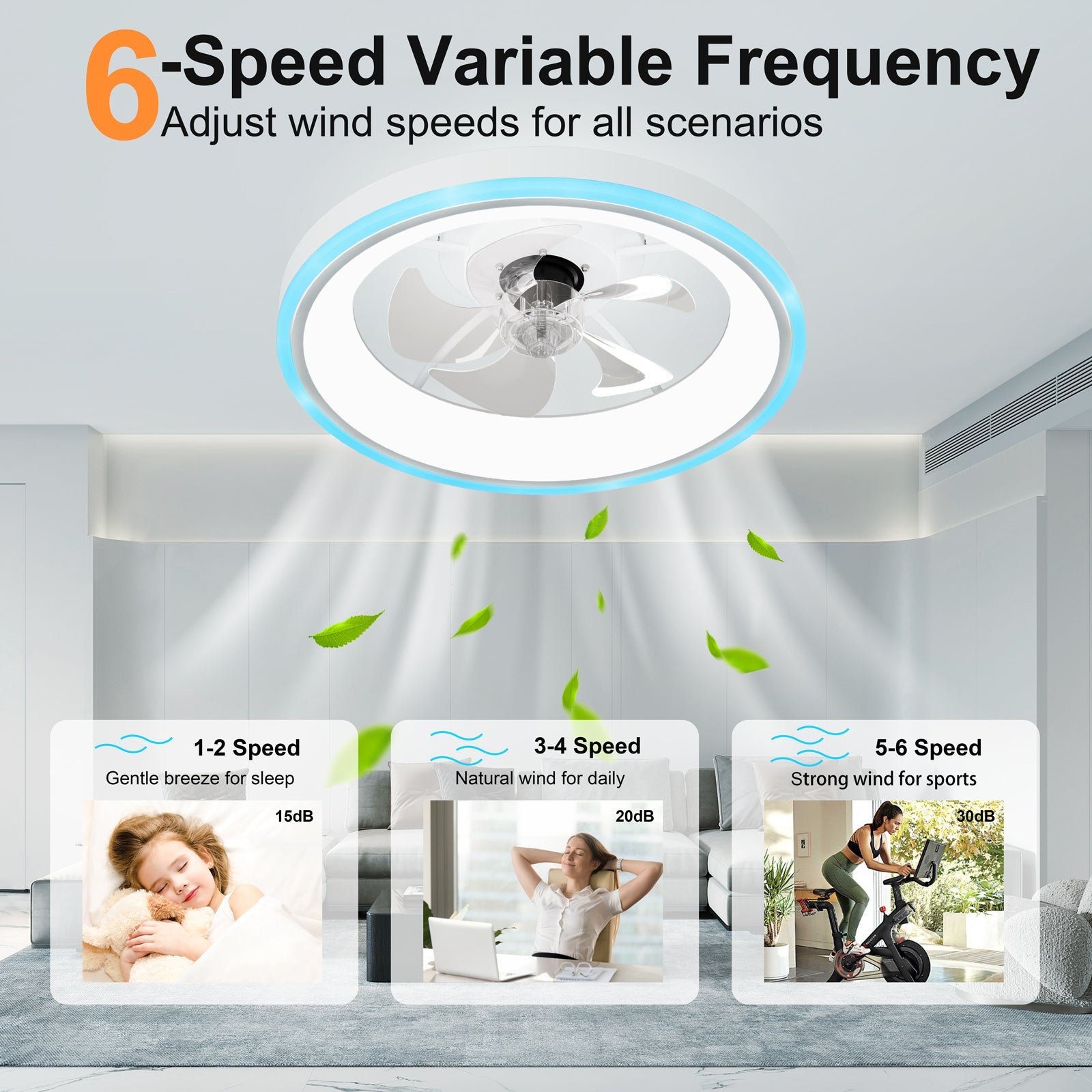 19.7in Modern RGB Ceiling Fan with Lights by HouseOfZazla, white blades and blue LED ring on Tampa Home & Garden Store