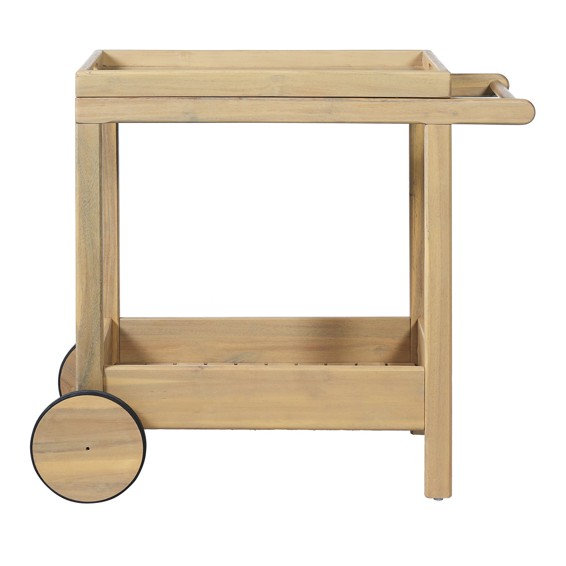 Saratoga Outdoor Rolling Bar Cart HouseOfZazla natural wood finish with shelf on Tampa Home & Garden Store