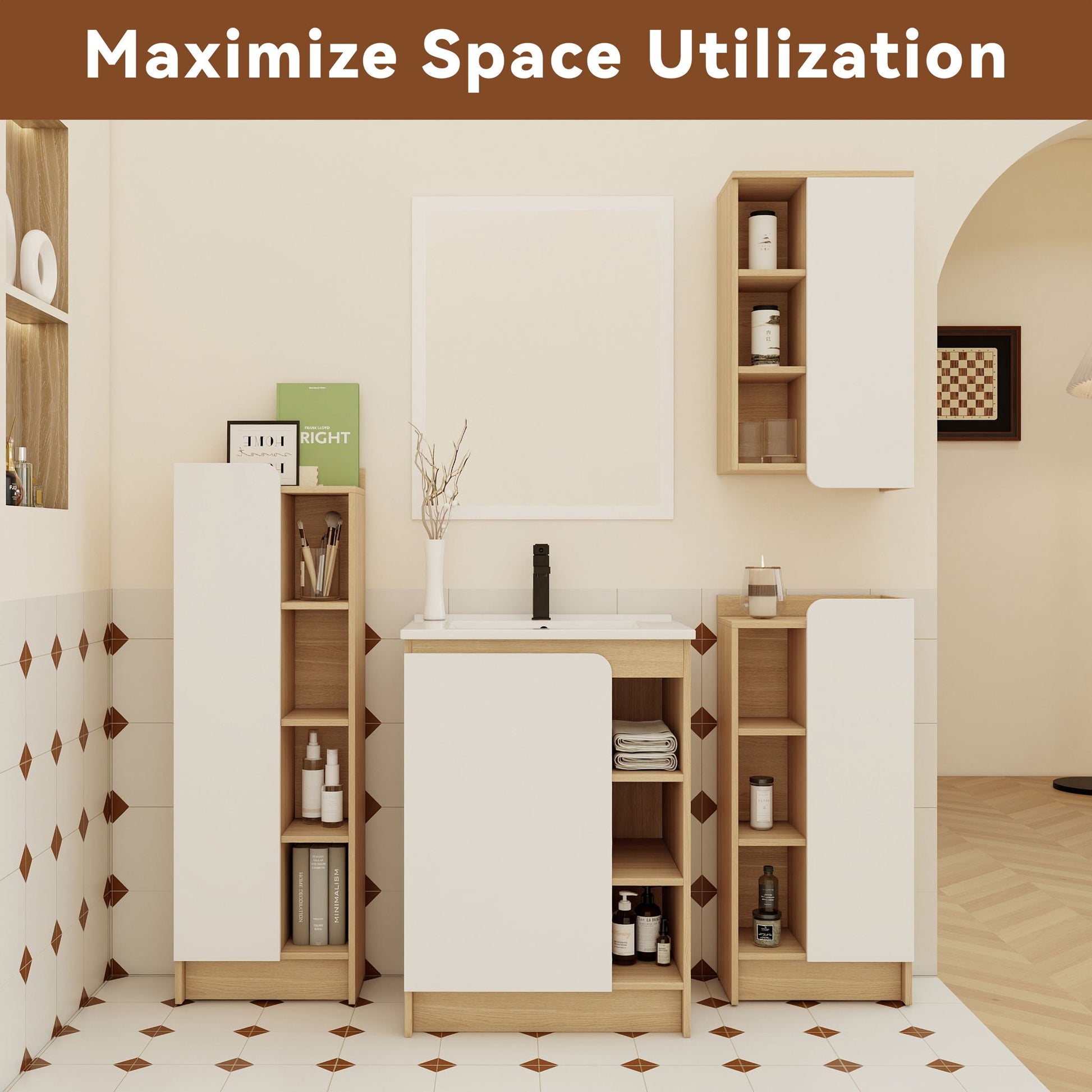 4-piece bathroom vanity set with sink in white and light oak, open shelving and black faucet on Tampa Home & Garden Store