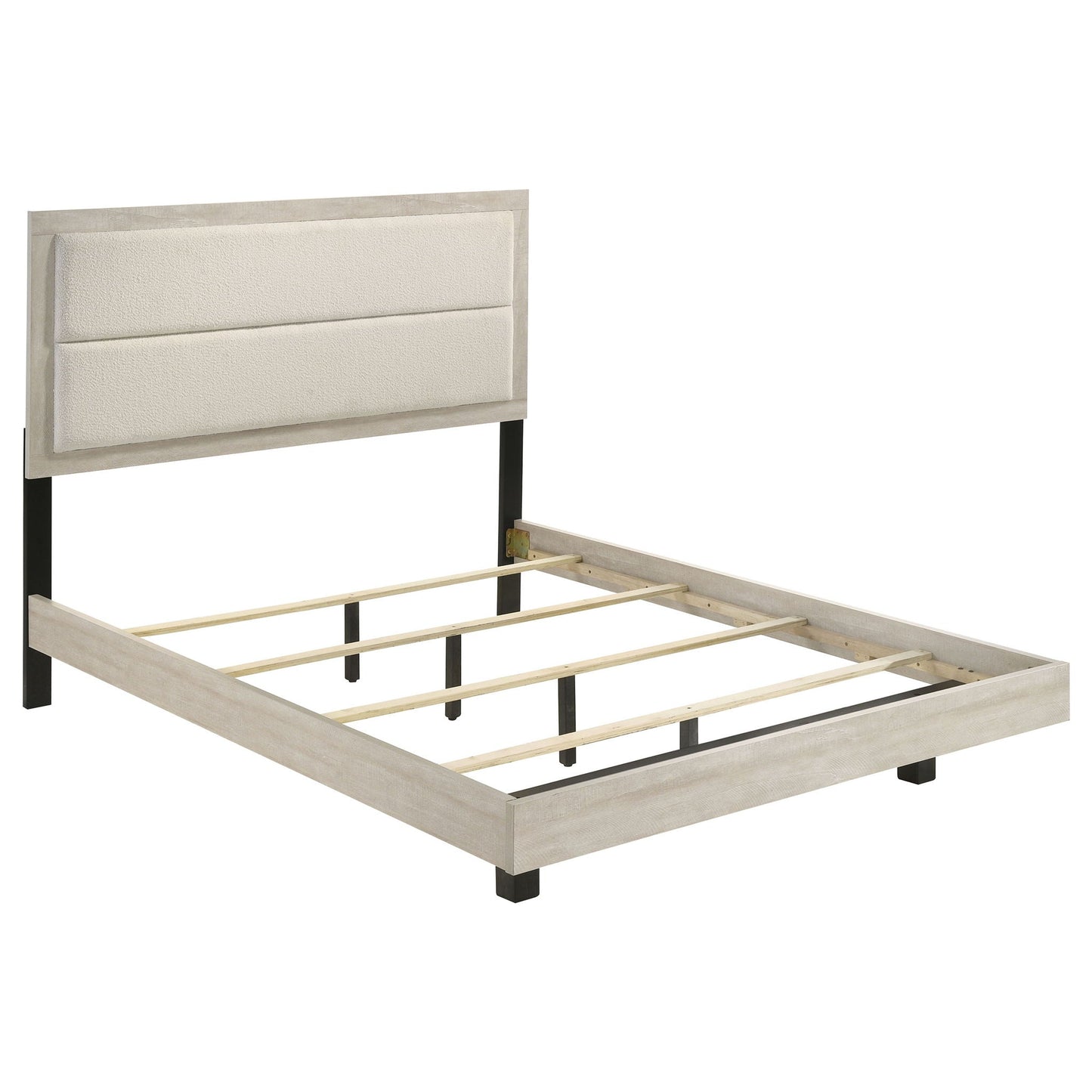 Strout 4-Piece Queen Set with rustic beige upholstered headboard bed frame HouseOfZazla on Tampa Home & Garden Store