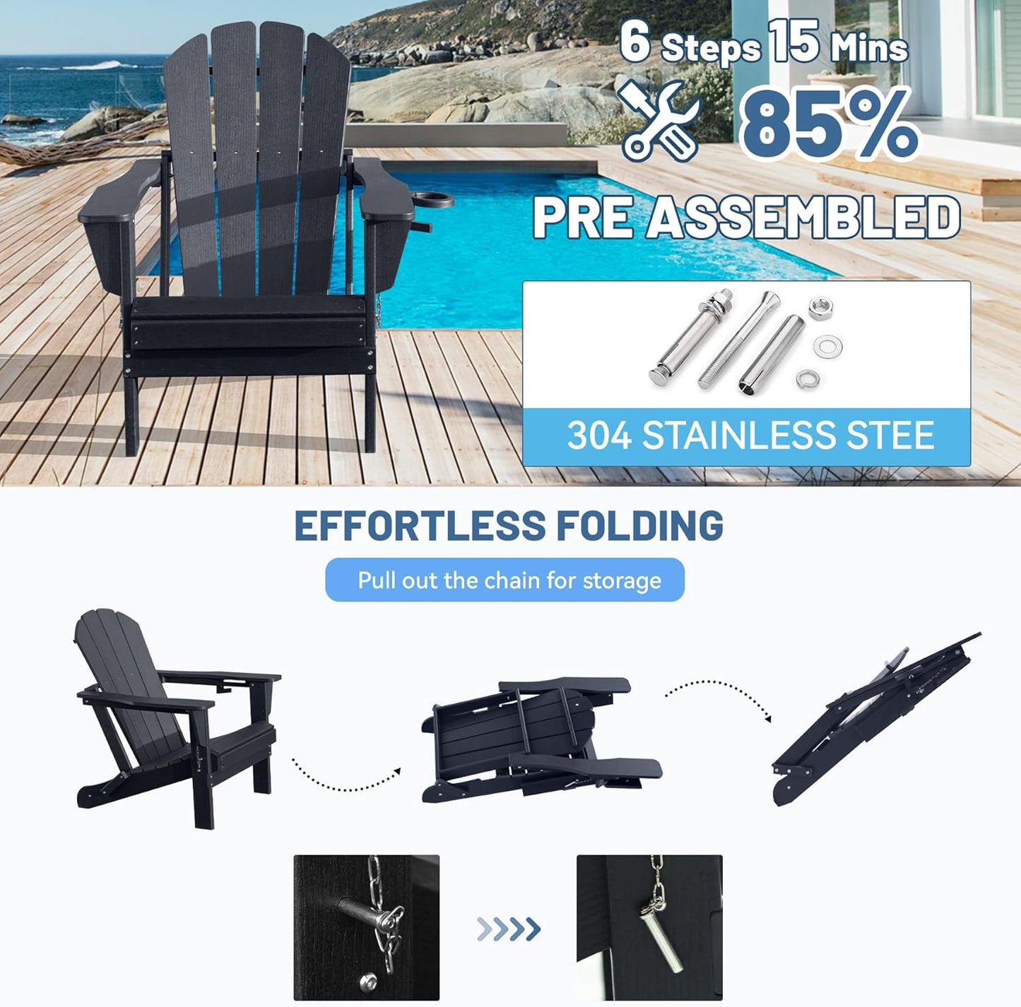 Folding Black Hdpe Adirondack Chair And Cup
