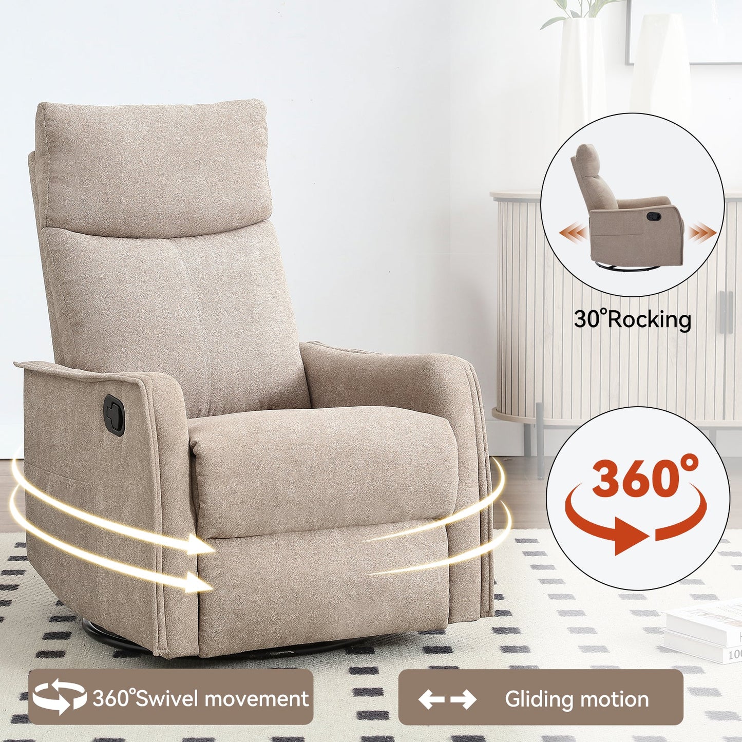 Heat Massage Manual Recliner Chair Khaki fabric with 360° swivel and rocking HouseOfZazla on Tampa Home & Garden Store