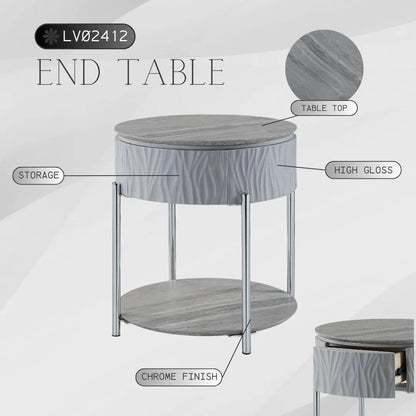 Yukino High Gloss Sofa Table chrome round top with wave storage by Unique Piece Furniture on Tampa Home & Garden Store