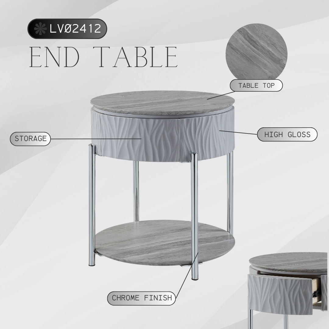 Yukino high gloss end table round gray top with wave-texture front and chrome legs HouseOfZazla on Tampa Home & Garden Store