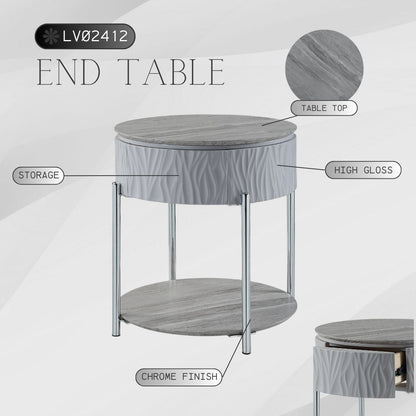 Yukino high gloss end table round gray top with wave-texture front and chrome legs HouseOfZazla on Tampa Home & Garden Store