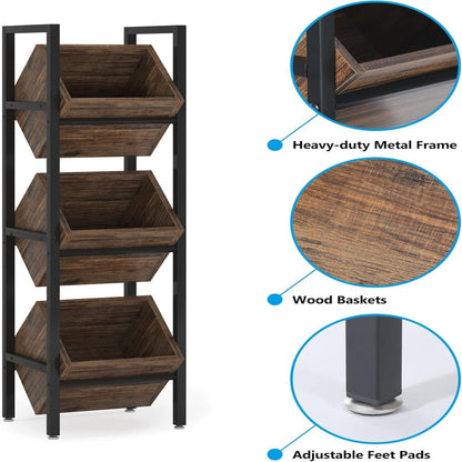 3 Tier Angled Basket Stand in black metal frame with wood baskets by HouseOfZazla on Tampa Home & Garden Store
