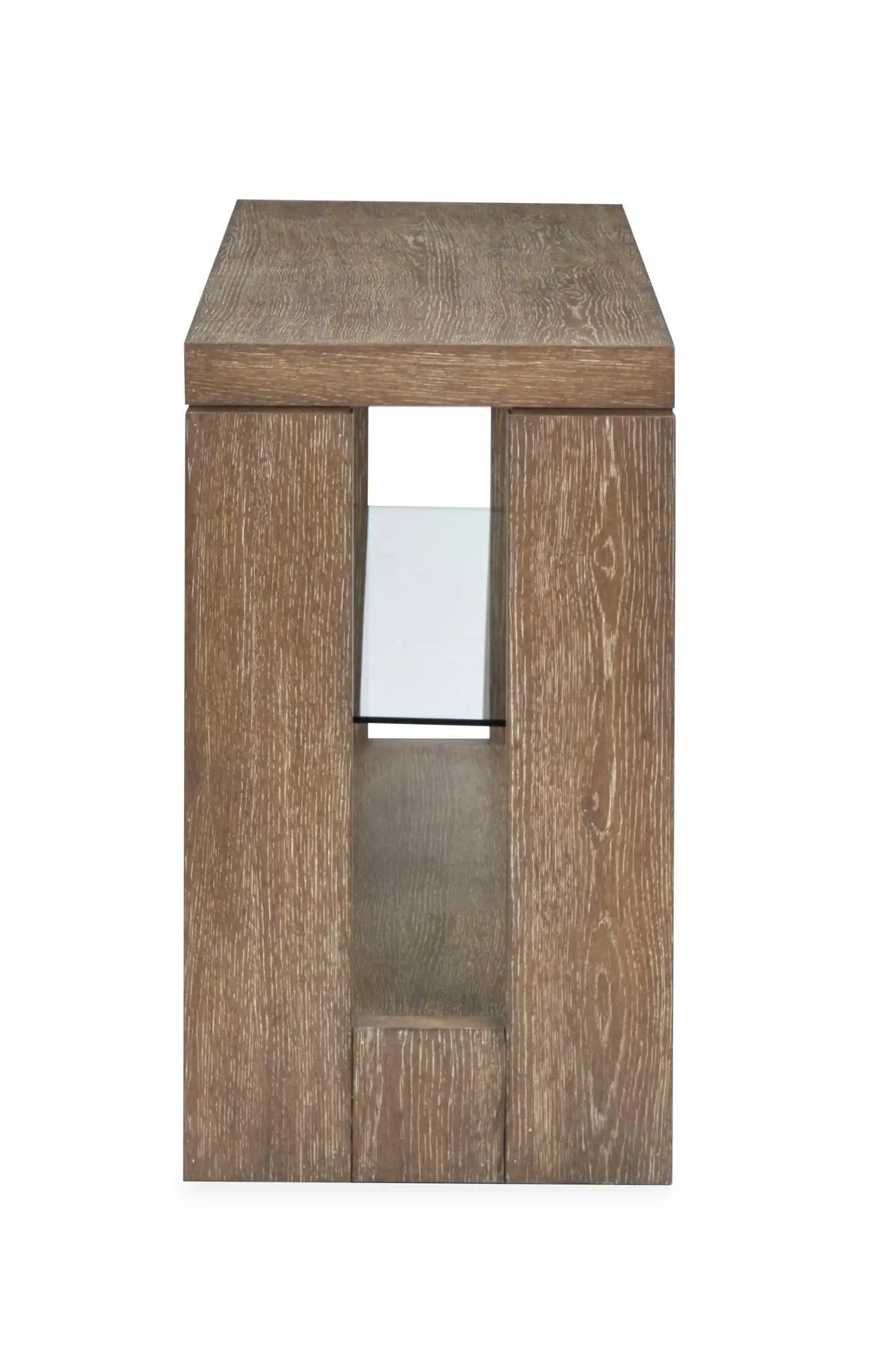 Cypress Console Sofa Table in spiced brown wood with mirrored center panel between two legs on Tampa Home & Garden Store