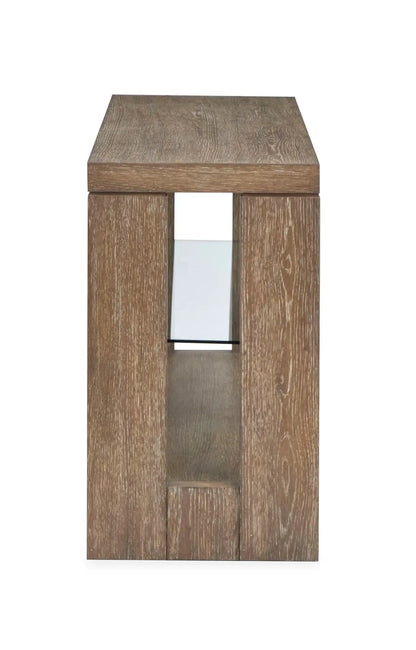 Cypress Console Sofa Table in spiced brown wood with mirrored center panel between two legs on Tampa Home & Garden Store