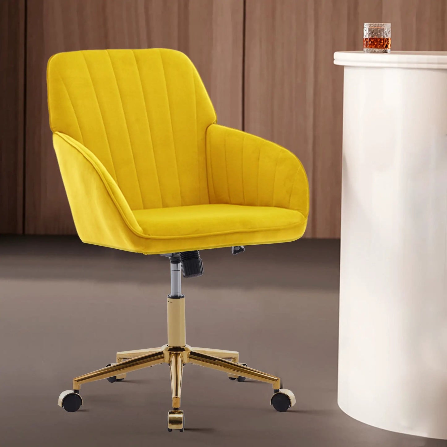Adjustable Ergonomic Swivel Office Chair in yellow velvet with gold-tone 5-star base on Tampa Home & Garden Store