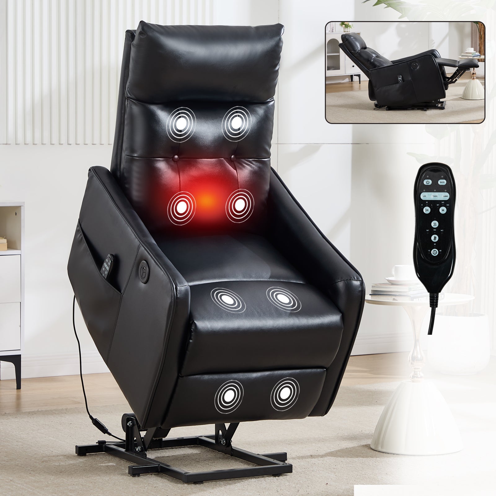 Black PU single motor power lift recliner chair by HouseOfZazla with massage nodes and remote on Tampa Home & Garden Store