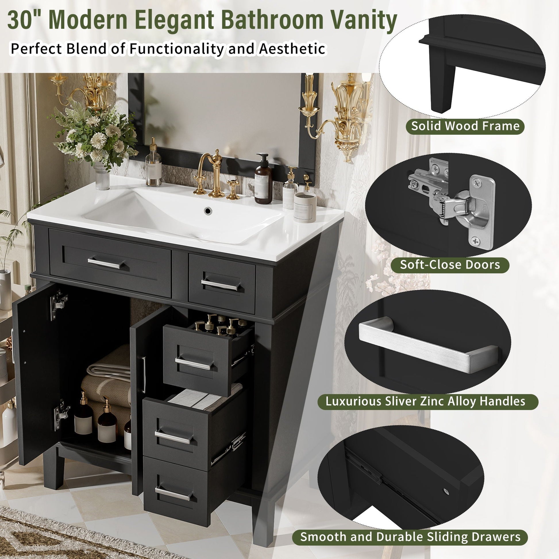 Modern vanity with sink, black solid wood frame, soft-close drawers HouseOfZazla on Tampa Home & Garden Store