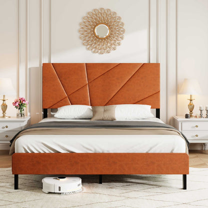 Vintage upholstered bed with square platform design in orange leather by HouseOfZazla on Tampa Home & Garden Store