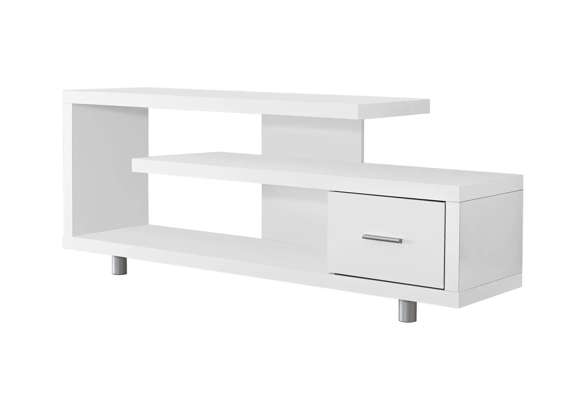 White TV stand with open shelf and single drawer, modern console by Unique Piece Furniture on Tampa Home & Garden Store