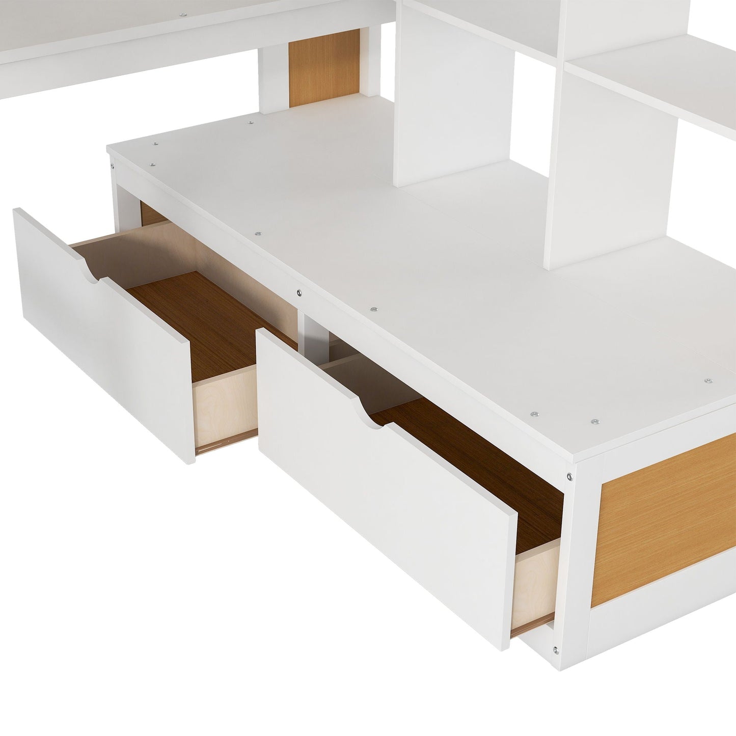 Full Size Loft Bed With Desk And Shelves white frame with natural wood drawers and stairs on Tampa Home & Garden Store