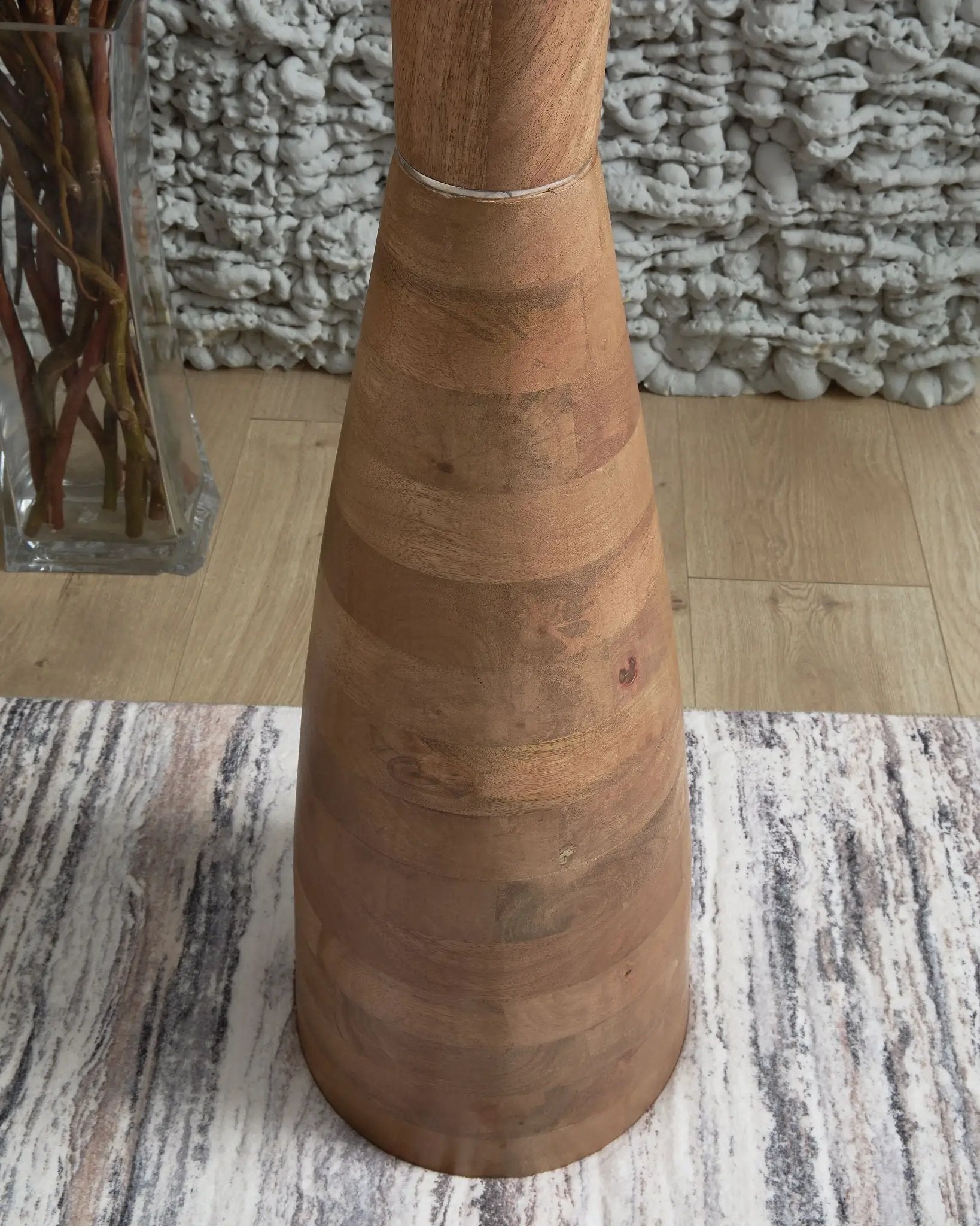 Ailsa Wood Floor Lamp natural brown pedestal beside a glass vase Unique Piece Furniture on Tampa Home & Garden Store