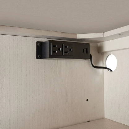Server with base in white mounted under a shelf with a black power strip and outlets on Tampa Home & Garden Store