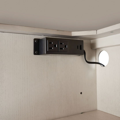 White server with base power access shows a black 2-outlet strip under a shelf with a cord on Tampa Home & Garden Store