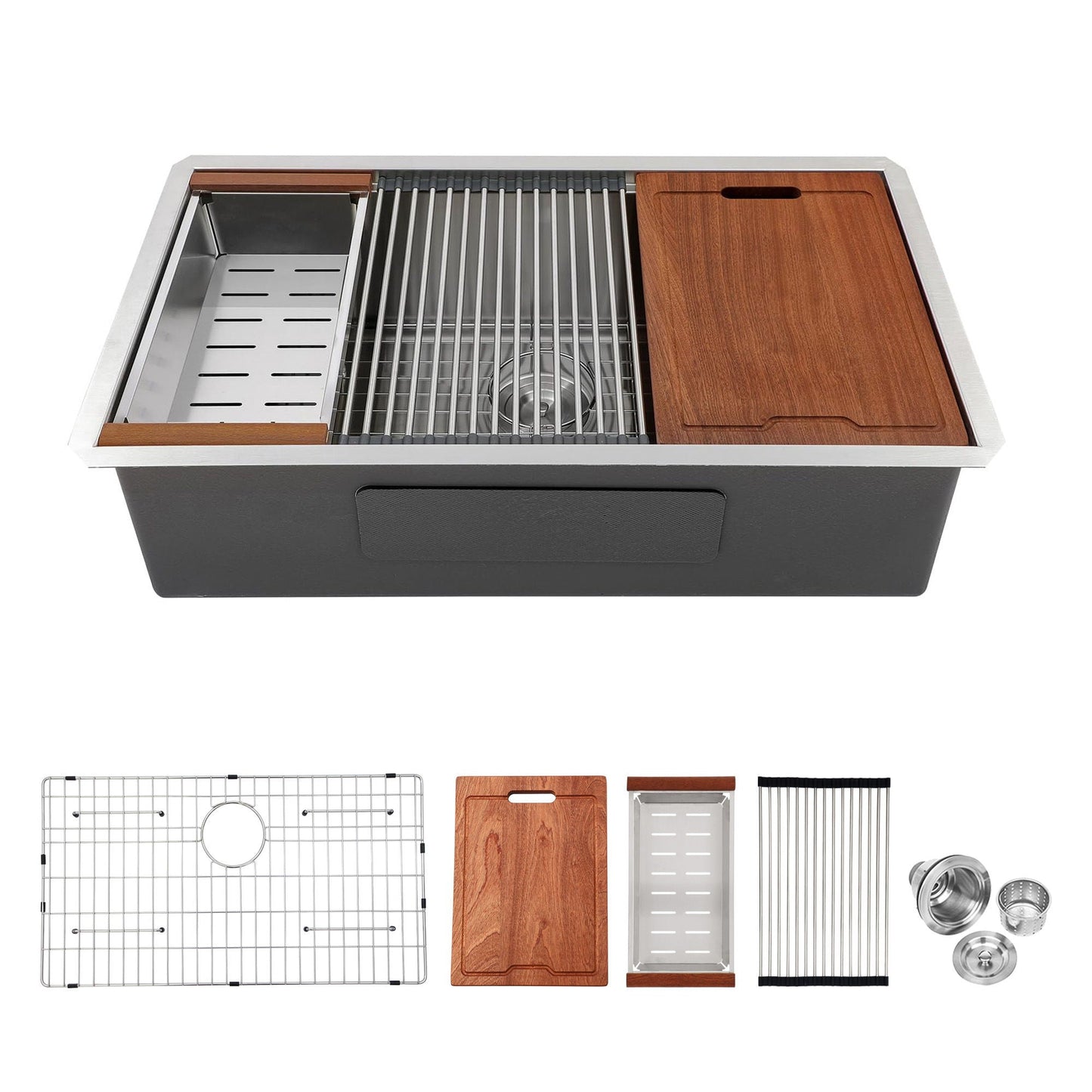 Single bowl undermount workstation sink with stainless steel grid and cutting boards on Tampa Home & Garden Store