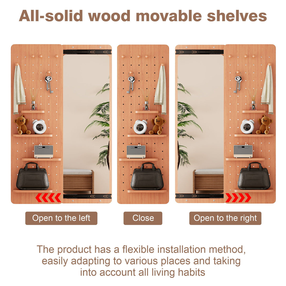 Full-length wall-mounted mirror with shelf and hooks on wood pegboard panels in light brown on Tampa Home & Garden Store
