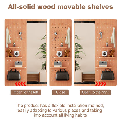 Full-length wall-mounted mirror with shelf and hooks on wood pegboard panels in light brown on Tampa Home & Garden Store