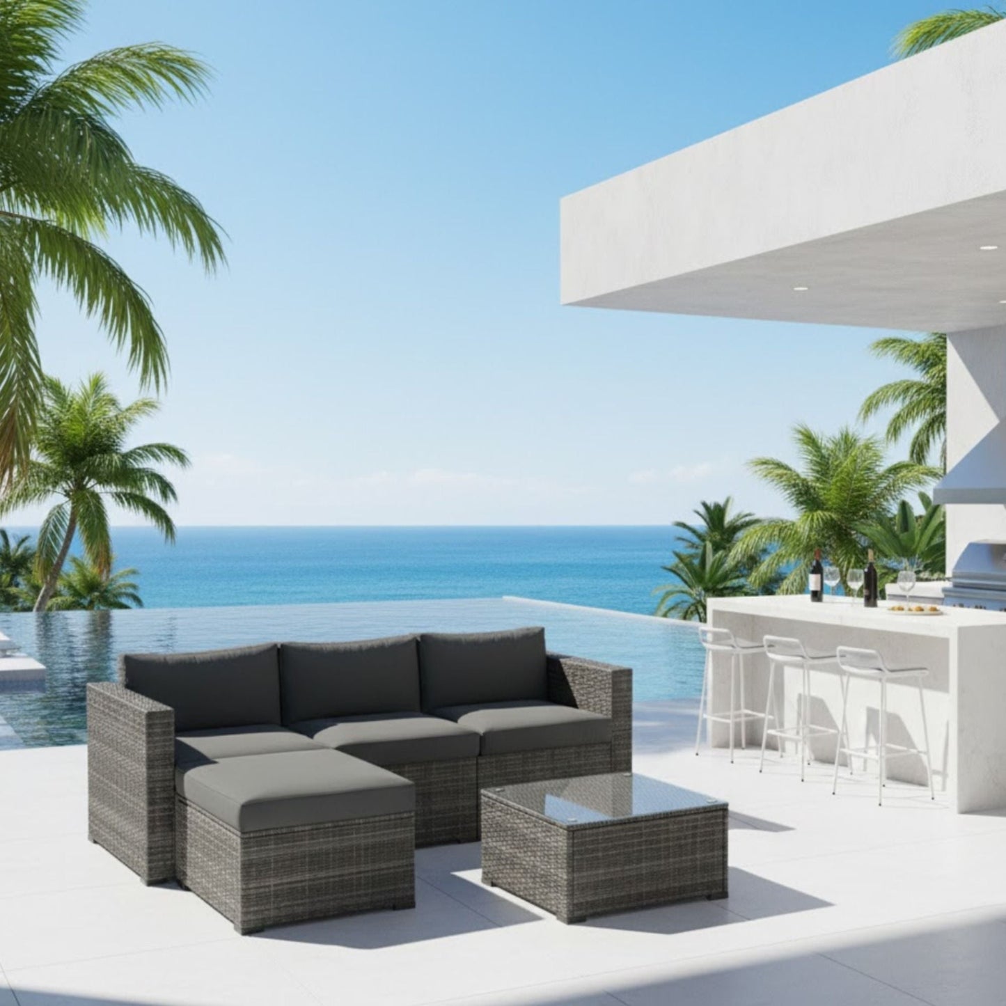 Modern Patio Set With Coffee Table HouseOfZazla dark wicker sectional with gray cushions on Tampa Home & Garden Store
